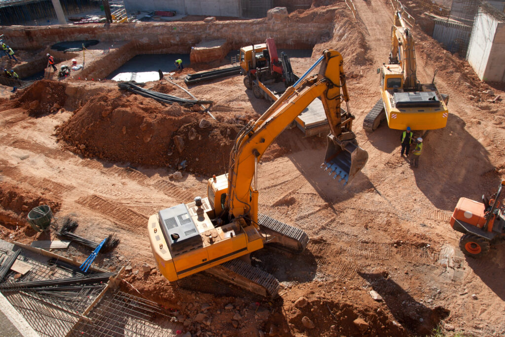 Construction site with several excavators